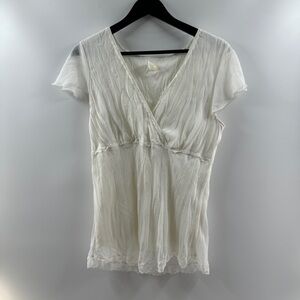 Studio Y White Y2K Sheer V-Neck Top (Size Medium)
